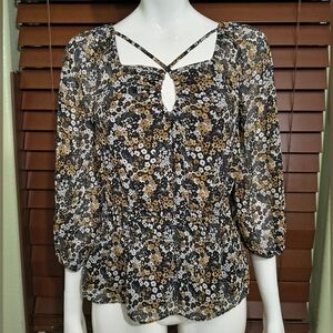 Cato Black Floral Peasant Top with Gold Accents